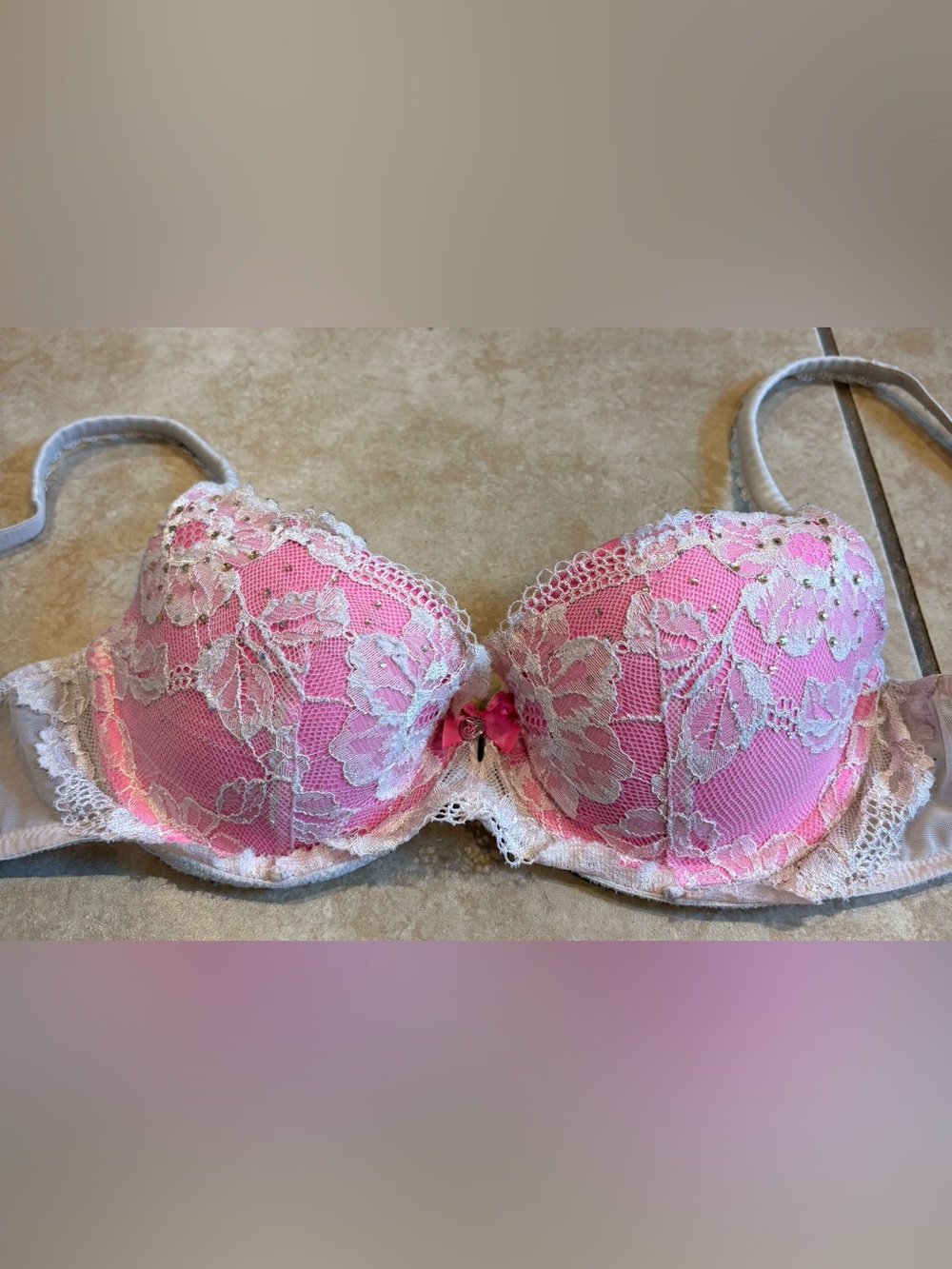 Victoria’s Secret Body by Victoria Pink and Beige Lace Bra. Size: 32C